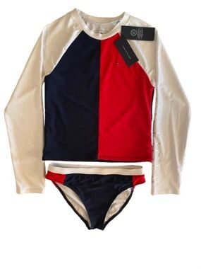 Tommy Hilfiger Girls 2 Piece Swimsuit Size XL 16 Colorblock UPF 50+ Rash Guard